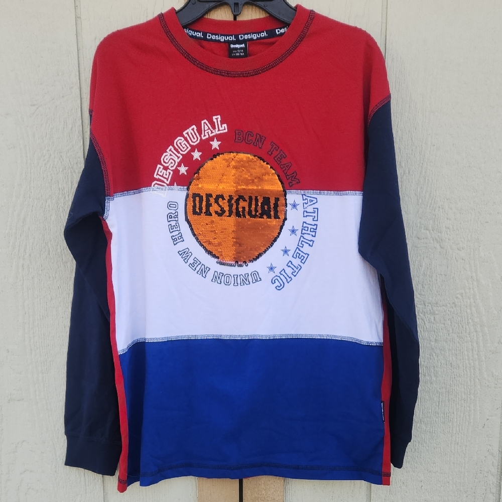NEW Desigual Flip Sequin Basketball Shirt Kids Size‎ 14 Large Long Sleeve Sports